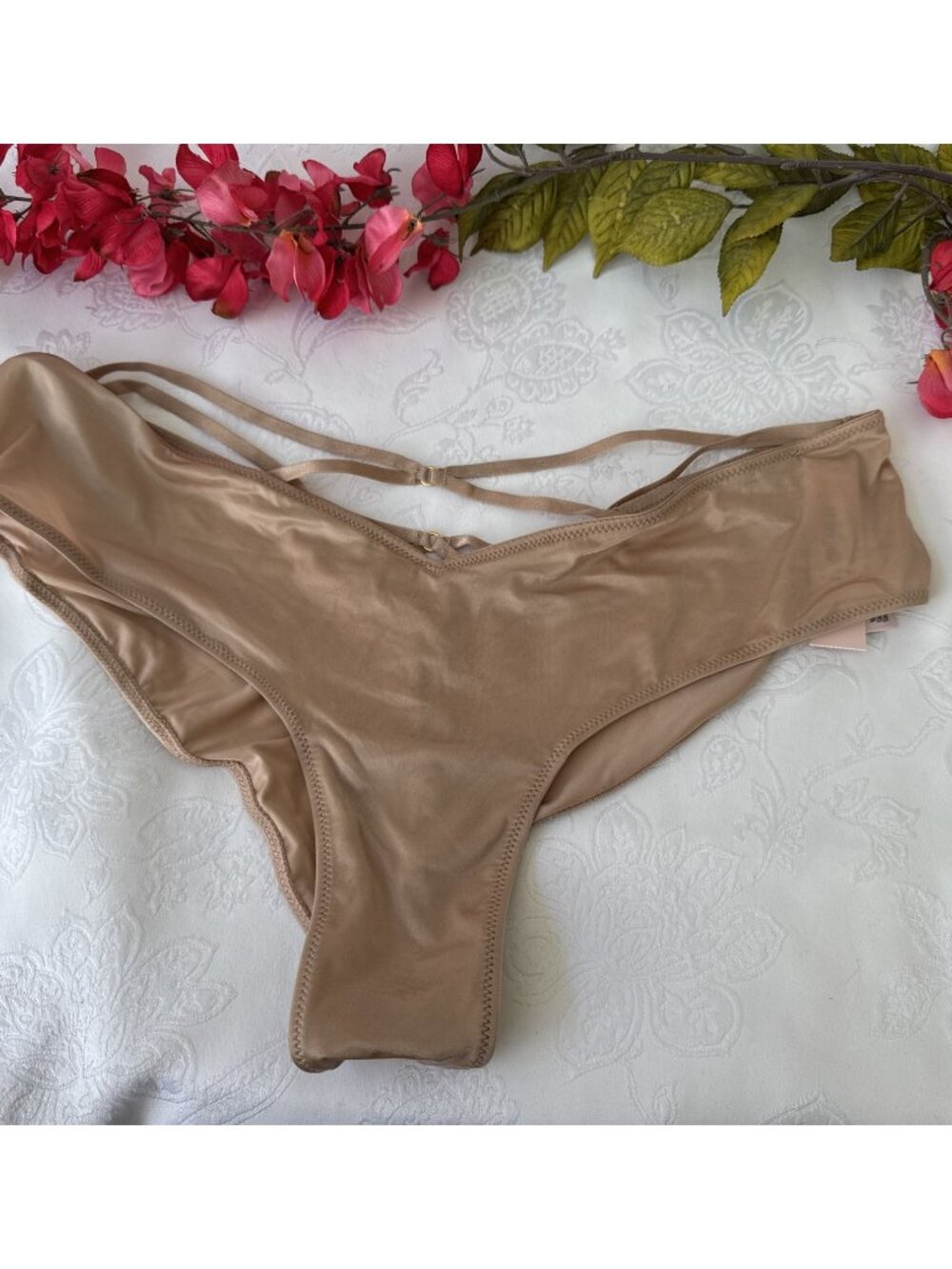 VICTORIA'S SECRET XL SILKY NUDE GOLD STRAPPY CUT OUT BACK CHEEKY PANTIES NWT